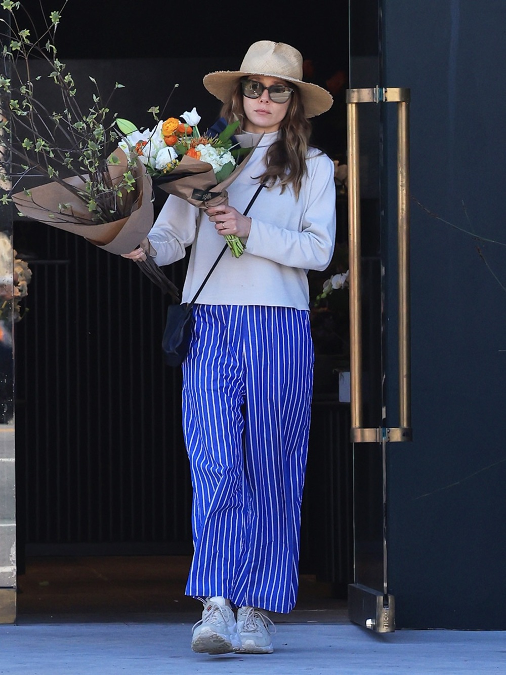 Blue stripe Crop Wide Pant tailored & similar to Elizabeth Olsen’s Cristeyseya